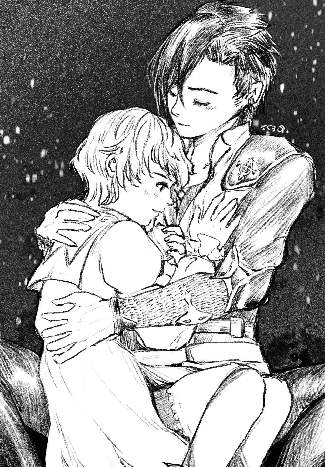 Artwork done by rkgk553 on twitter of Joshua and Clive snuggling as Joshua eats a cream filled bun.