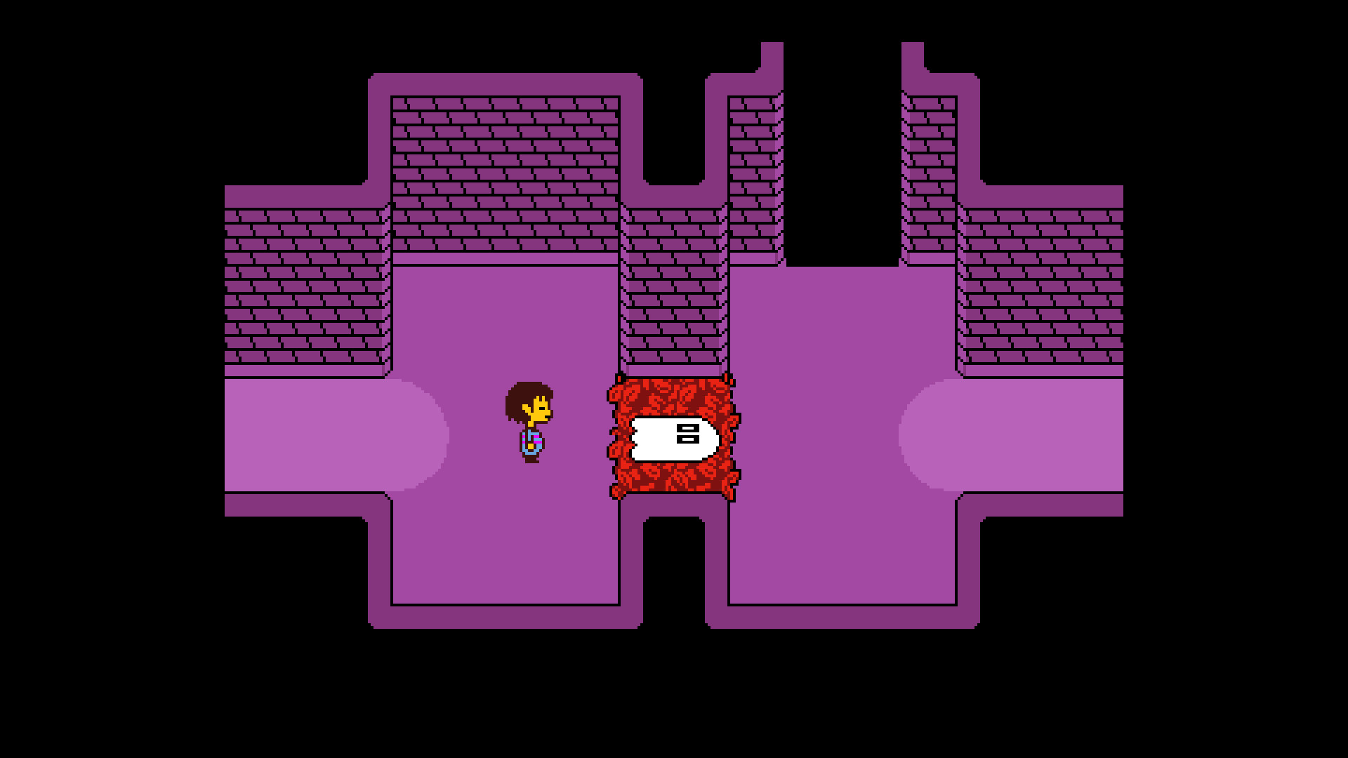 A screenshot of Undertale, from early game area Ruins. Napstablook and the player character are on screen.